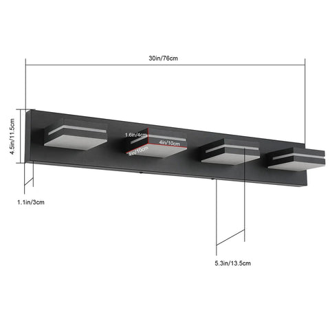 4-Light Matte Black LED Vanity Light Fixtures for Bathroom, 30 Inch Wall Mount Over Mirror, Acrylic Frosted Shade, dimensions.