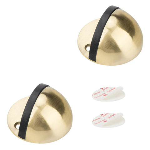 2 Pack Drill Free Floor Mounted Door Stops with self adhesive tape or screws gold finish black rubber bumpers wall protectors
