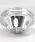 Heavy Duty Aluminum Double Groove Water Pump Pulley For Small Block Chevy 265 283 305 327 350 383 400 With Short Pump Slick Satin Finish Built Tough Zero Play Locktight Bolt On, side view showing CNC routed flange.