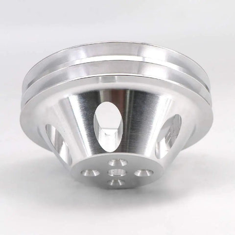 Heavy Duty Aluminum Double Groove Water Pump Pulley For Small Block Chevy 265 283 305 327 350 383 400 With Short Pump Slick Satin Finish Built Tough Zero Play Locktight Bolt On, side view showing CNC routed flange.