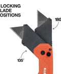 Klein Tools FlickBlade folding utility knife with orange handle, quick-change carbon steel blade, two locking positions.