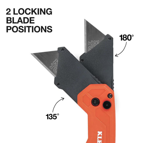 Klein Tools FlickBlade folding utility knife with orange handle, quick-change carbon steel blade, two locking positions.
