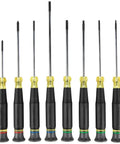 Tiny 8 Piece Mini Precision Screwdriver Set For Electronics And Terminal Blocks With Cushion Grip Handles Includes Phillips 00 And 0 Slotted 3 32 Inch 1 8 Inch Tamperproof TORX T6H T8H T10H T15H Klein Tools displayed in a row