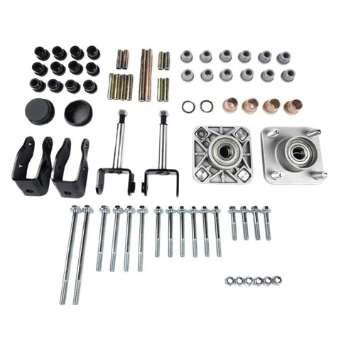 Upgrade Your Ride With This Durable Cart Front End Repair Kit Designed For 2004 On Club Car Precedent Gas Models To Restore Handling And Fix Wobbling Issues Smoothly. metal front end repair kit with bolts, bushings, and bearings for Club Car Precedent gas model steering