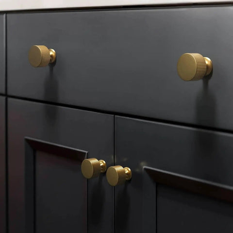 6 Pack Solid Brass Cabinet Knobs Pulls Set In Gold Brushed Finish For Cabinets Drawers And Dressers Modern Handles 1x1 Inch 25mm By 25mm Dope Hardware Kit Heavy Duty Durable Upgrade Your Space, on black cabinet doors