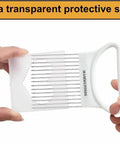 Front view of white plastic potato slicer with stainless steel blades and transparent protective sleeve.