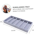 Smooth Six Grid Eyewear Display Holder And Jewelry Storage Plate Featuring A Zero Hassle Clear Cover Soft Lined Tray For Sunglasses Glasses Watches Desktop Organizer Rack in grey with six compartments.