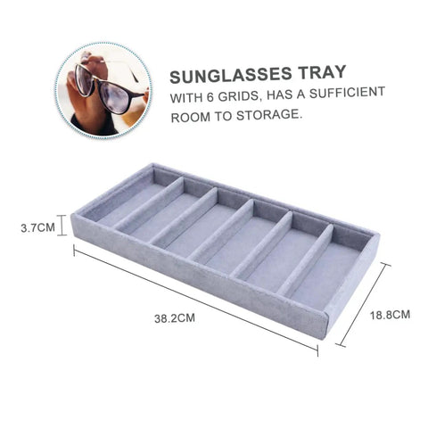 Smooth Six Grid Eyewear Display Holder And Jewelry Storage Plate Featuring A Zero Hassle Clear Cover Soft Lined Tray For Sunglasses Glasses Watches Desktop Organizer Rack in grey with six compartments.