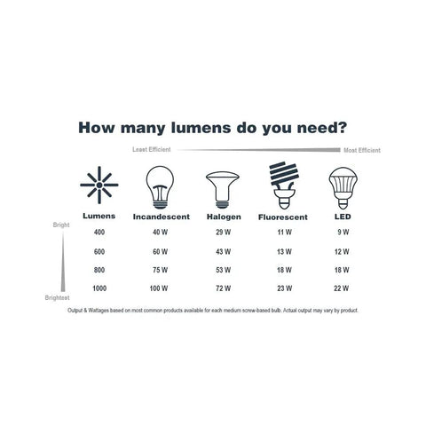 Lumens chart comparing efficiencies of incandescent, halogen, fluorescent, and LED light bulbs ranging from 400 to 1000 lumens.