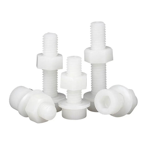 White Nylon Hex Socket Head Cap Screws And Nuts Kit With Washers Built To Last For Indoor Outdoor Use Insulated Cup Allen Bolts Premium SS304 Stainless Steel Hardware Easy To Tighten And Adjust Includes Nuts And Washers. White nylon hex socket screws with nuts and washers, assorted sizes.