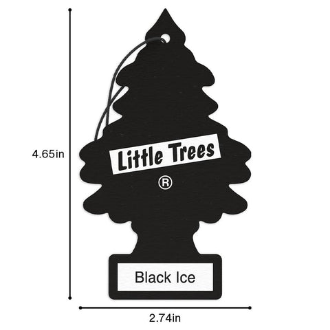 Little Trees hanging car air freshener, Black Ice scent, front view; 4.65in tall, 2.74in wide
