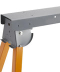 Close-up of Pro Grade Folding Sawhorses Set Of 2 33 Inch Steel Construction Heavy Duty Work Stands joint with orange legs