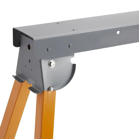 Close-up of Pro Grade Folding Sawhorses Set Of 2 33 Inch Steel Construction Heavy Duty Work Stands joint with orange legs
