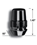 Acorn Black Chrome Wheel Locks Set Of 4 With 1/2 Inch Thread, 60 Degree Conical Seat, 13/16 Inch Hex, And 1.40 Inch Overall Length