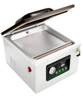 Pro Grade Chamber Vacuum Sealer Packs A Solid Punch With Sturdy 16 Inch Seal Bar And Whisper Quiet Motor, stainless steel design, open lid view.