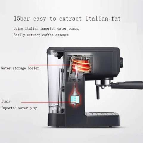 Side view of Semi Automatic Espresso Machine With 15 Bar High Pressure Pump showcasing internal components and features.