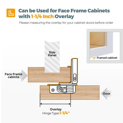Diagram showing Soft Close Cabinet Hinges 1-1/4 Inch Overlay installation on face frame cabinet with side panel and door.