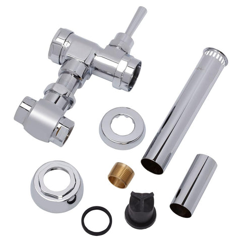 Exposed Manual Toilet Flush Valve With 1.1 GPF Polished Chrome Finish, showing components including brass piston and chrome parts.