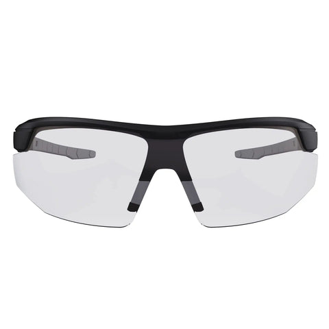 Front view of Skullerz Skoll Safety Glasses Matte Black Frame With Anti Fog Clear Lenses Blade Style for wide vision