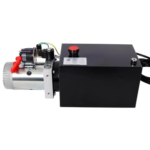 High Performance 12V DC Hydraulic Power Unit With Robust 8 Quart Steel Fluid Tank And 3HP Motor, side view showing components.
