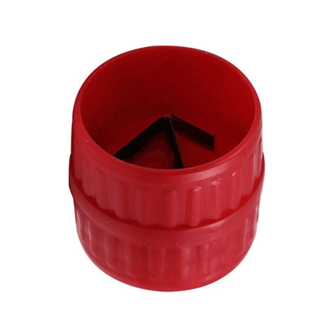 Red pipe reamer tool, front view; knurled plastic body with inner blade for deburring PVC and metal pipes