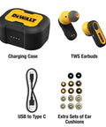 Heavy Duty True Wireless Ear Buds With Type C Charging Case, Bluetooth Headphones For iPhone, yellow charging case, earbuds, cable, ear cushions