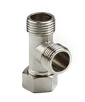 Heavy Duty Half Inch Brass T Adapter Valve Easy Peasy Bidet Sprayer And Shower Hose Splitter Diverter Fixture close-up view.