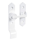White metal 180-degree barn door lock with handle, heavy duty flip gate latch for sliding doors and security latching.