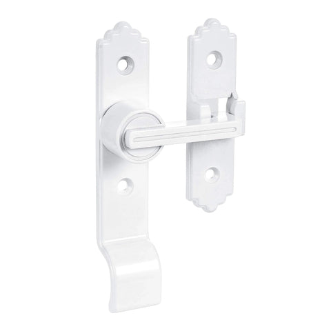 White metal 180-degree barn door lock with handle, heavy duty flip gate latch for sliding doors and security latching.