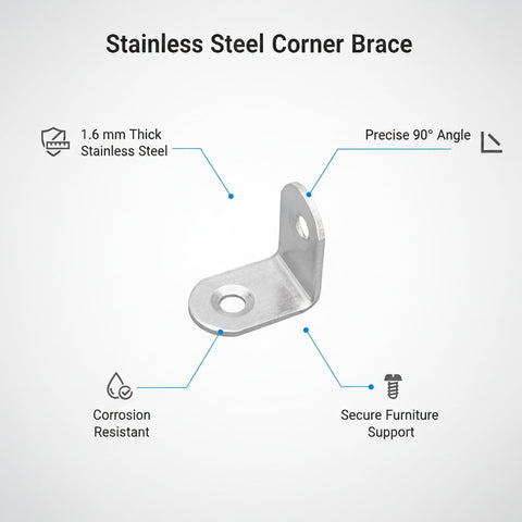 Heavy Duty Stainless Steel 90 Degree L Bracket For Furniture Reinforcement And Shelf Support 1.6mm Thick Metal With Silver Finish