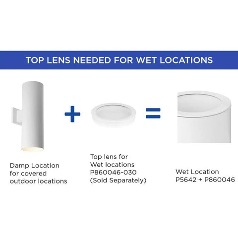Diagram showing 6 Inch Cylinder Outdoor Wall Sconce Two Light Up And Down Slick Modern Exterior And Interior Lighting Aluminum Construction Metallic Gray For Porch Patio Deck Weather Resistant with additional wet location top lens.