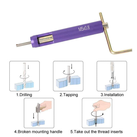 Diagram showing 50Pcs Stainless Steel Thread Repair Kit With Helicoil Style Inserts for M5 x 2D in use on light metals.