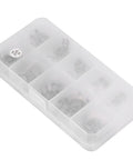Box of 120 Piece External E Clip Circlip Retaining Ring Set Stainless Steel For Quick Fixes And DIY Projects One Point Five Mm To Ten Mm Range With Rustproof Burr Free Design For Indoor And Outdoor Use.
