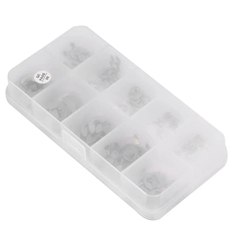 Box of 120 Piece External E Clip Circlip Retaining Ring Set Stainless Steel For Quick Fixes And DIY Projects One Point Five Mm To Ten Mm Range With Rustproof Burr Free Design For Indoor And Outdoor Use.