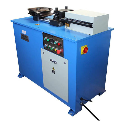 Pro Grade Shop Built Programmable Electric Hydraulic Tube Pipe Bender With PLC Auto Manual Controls And 3Hp Motor, blue metal body.