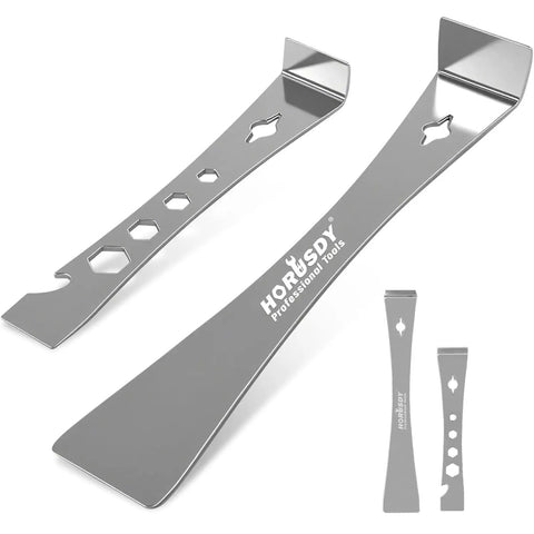 Two-Piece Pry Bar Set With Stainless Steel Flat Pry Bars And Hex Driver Function, showcasing 6-11/16 and 9-1/2 inch sizes with hex holes.