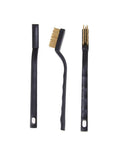 30 Piece Mini Brass Wire Brush Set With Curved Handle For Cleaning Welding Slag Rust And Grime On Metal Surfaces, three brushes front view.
