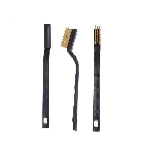 30 Piece Mini Brass Wire Brush Set With Curved Handle For Cleaning Welding Slag Rust And Grime On Metal Surfaces, three brushes front view.