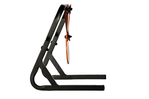 Side view of Mini Gong Steel Shooting Target For.22 Caliber With Stand, Durable Powder Coated Steel Plate, Four Inch By Three Sixteenths