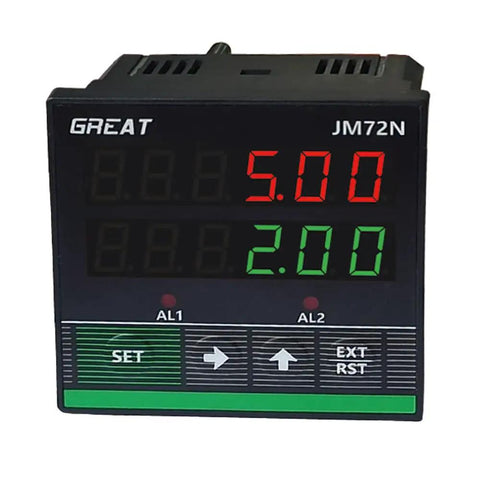 Rock Solid Digital Length Counter With Sturdy Measurement Wheel And Hella Precise Red Display For Simple Feet Meters Yards Inches Tracking Plus No Sweat Dual Relay Alarm Setup showing JM72N model with red and green LED display.