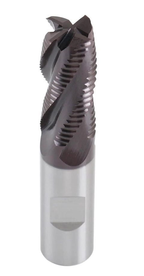 Roughing end mill, TiAlN-coated M42 cobalt, 3/4 in shank, close-up view
