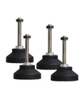Four Pack Swivel Adjustable Leveling Feet With Nylon Metal Build And Grippy Antislip Cushions, featuring rounded black bases and metal stems.