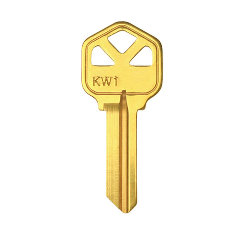 Single brassy KW1 key from Brass Finish KW1 Uncut Key Blanks Pack Of 50 For Locksmiths Durable Brass Blank Keys Ready To Cut And Customize Premium KW1