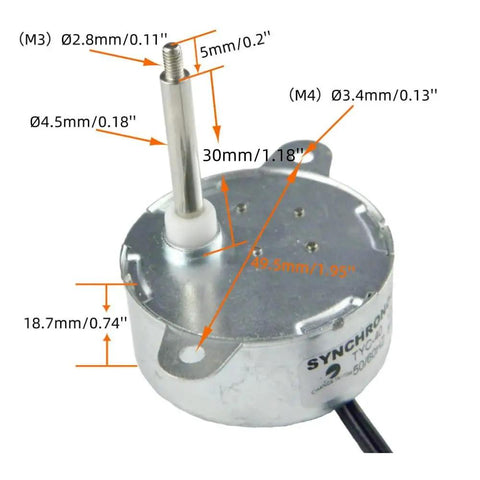 Close-up of 12V AC Synchronous Motor for Fiber Optic Color Wheel CW CCW, 35mm Shaft TYZ42 showing shaft dimensions and details