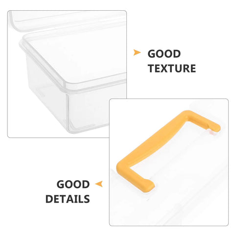 Close-up of the handle and texture of the Straight Up Plastic Tool Box With Sturdy Carry Handle Divided Multi Purpose Compartments For Weekend DIY Projects Hardware Sorting Paint Brush Holder And Small Gear.