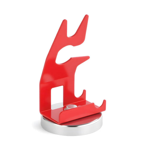 Red TIG welding torch holder with a silver magnet base, front view.