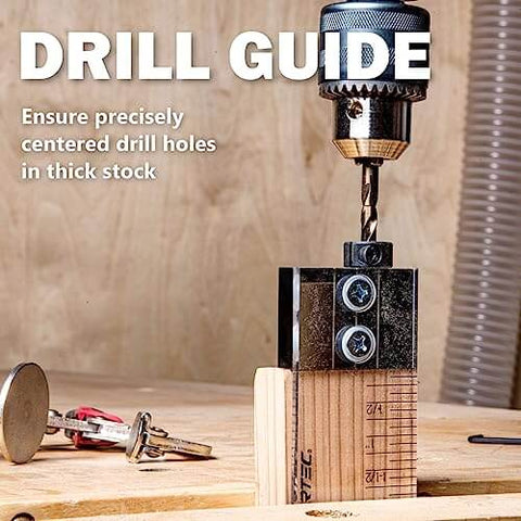 Pro Grade Quarter Inch Doweling Jig Kit With Laser Alignment Marker, drill guide for precise centered holes in wood stock.