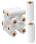 Ten Pack Of White Sponge Paint Roller Covers For Walls And Ceilings No Drama Mini Size, stack of mini white foam roller covers.