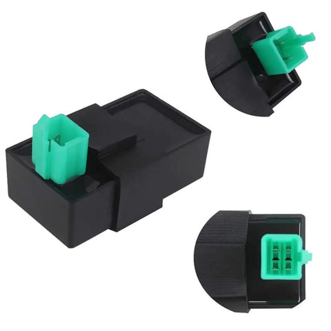 4 Pin CDI Box High Performance For Most 50cc 70cc 90cc 110cc Scooters And ATVs Delivers A 5 To 10 MPH Speed Boost Rev Limit Removal DC Fired Ignition And Adjustable Timing For Smoother Acceleration On DY100 Compatible Rides, showing close-up of connectors and housing material.