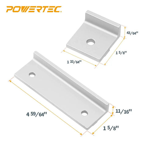All In One Pro Grade Woodworking T Track Stops And Clamps Kit showing short and long stops with dimensions for precise setup